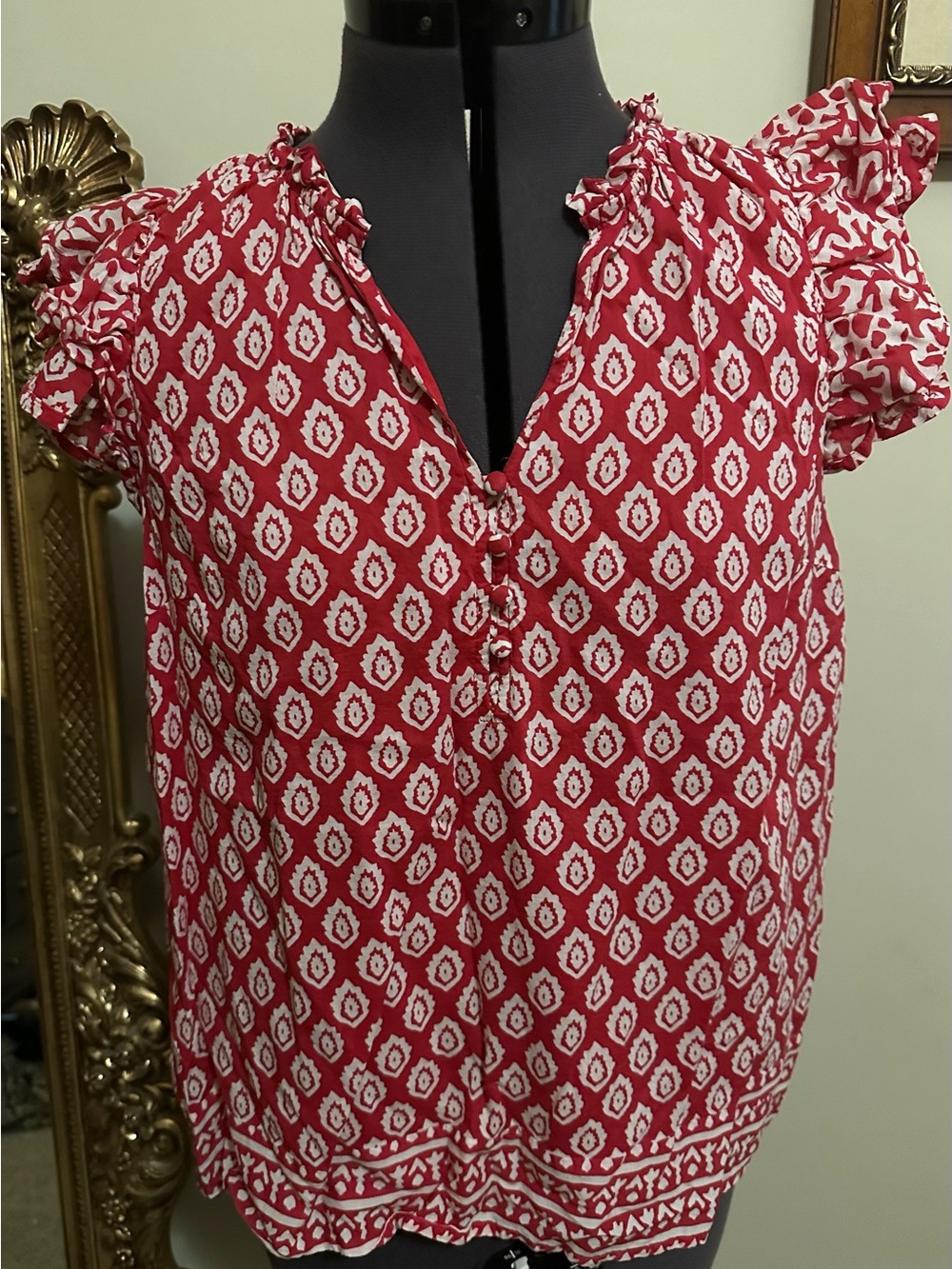 Vineyard Vines Red and White Diamond Print Ruffle Sleeve Blouse